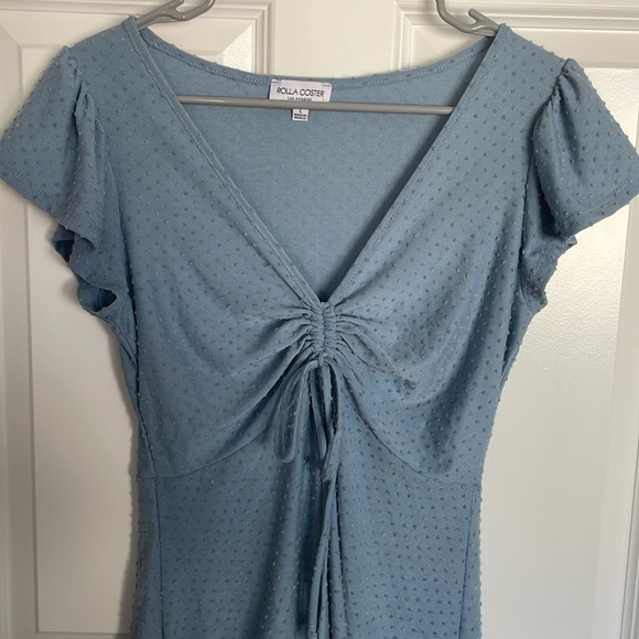 NWOT Blue Mini Dress with Swiss Dots and Bow/Tie, Low Cut - Picture 2 of 5